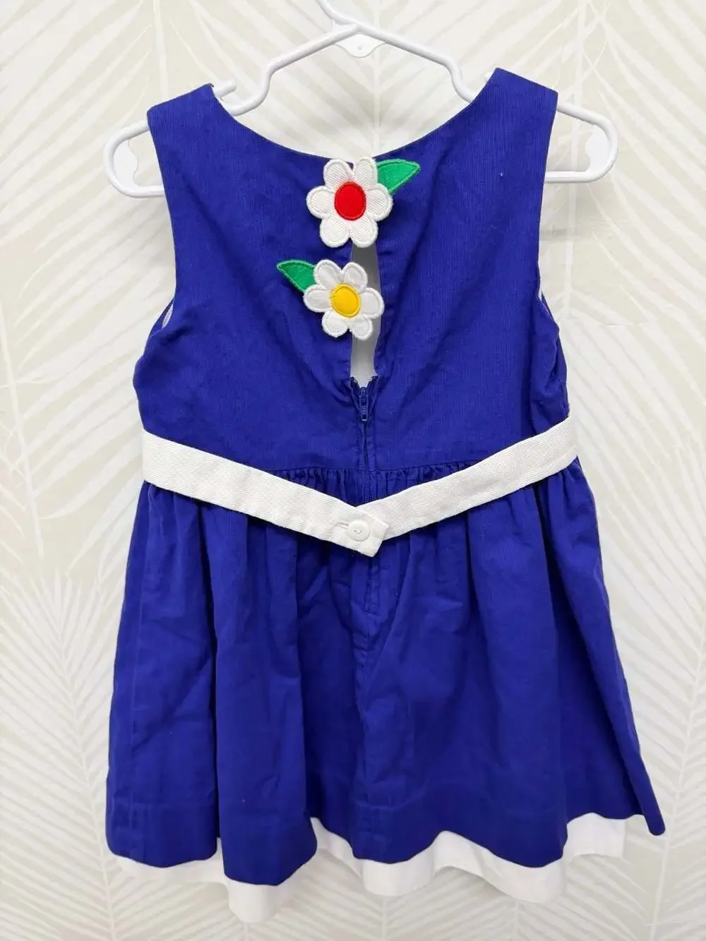 Florence Eiseman Girls Blue Corduroy Dress with Floral Applique Belt and Hem
